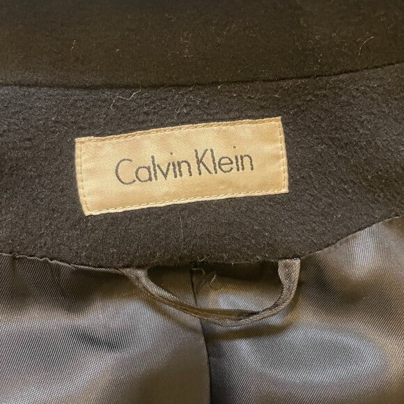 Calvin Klein Maxi Coat Size 12 Vintage 80's Black Double Breast Belt Merino Wool - Picture 12 of 15